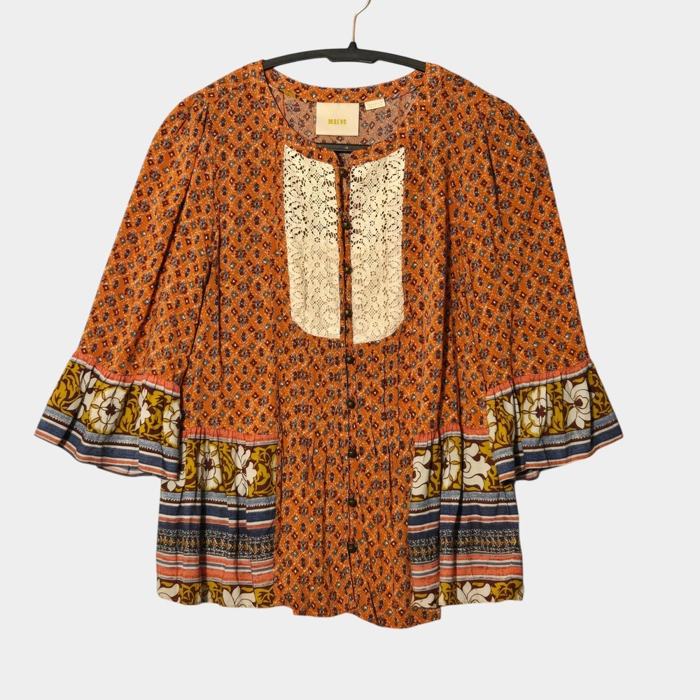 Maeve Hiver Lace Bib Bell Sleeve Button Front Flowy Blouse Orange 4 Boho Hippie